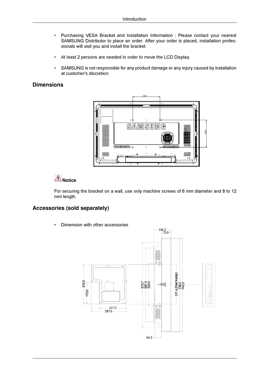 Samsung 320MP-3, 320MXN-3, 320MPN-3, 320MX-3 user manual Dimensions, Accessories sold separately 