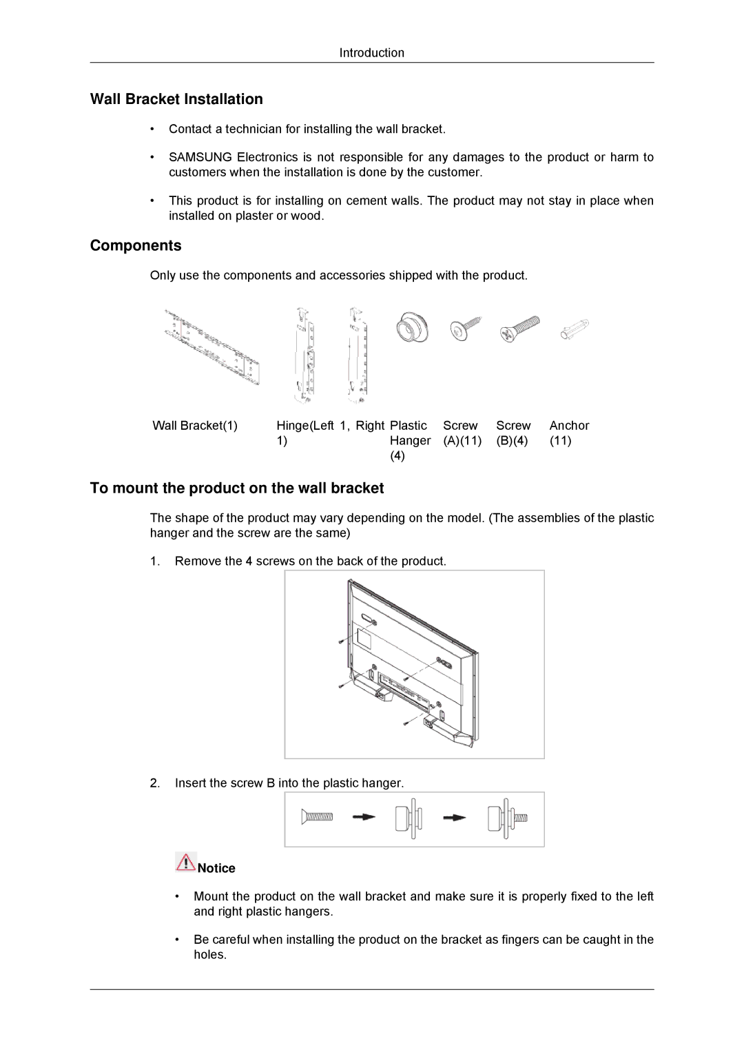 Samsung 320MXN-3, 320MP-3, 320MPN-3, 320MX-3 Wall Bracket Installation, Components, To mount the product on the wall bracket 