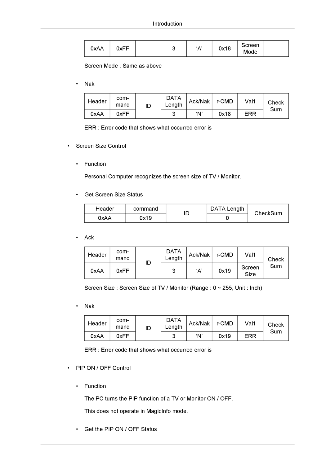 Samsung 320MXN-3, 320MP-3, 320MPN-3, 320MX-3 user manual Ack/Nak CMD Val1 Check Mand Length Sum 0xAA 0xFF ‘N’ 0x18 