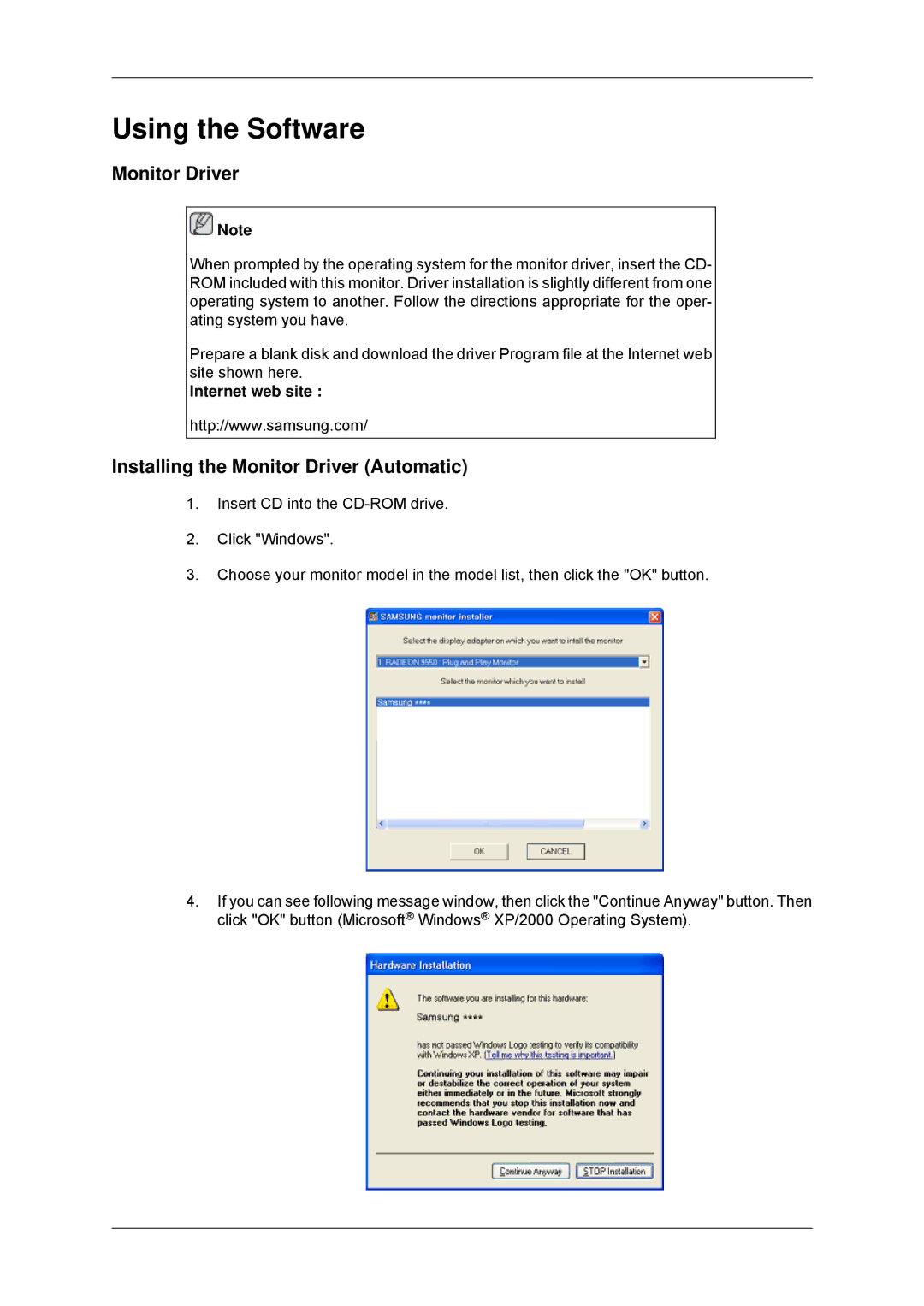 Samsung 320MXN-3, 320MP-3, 320MPN-3, 320MX-3 user manual Installing the Monitor Driver Automatic, Internet web site 