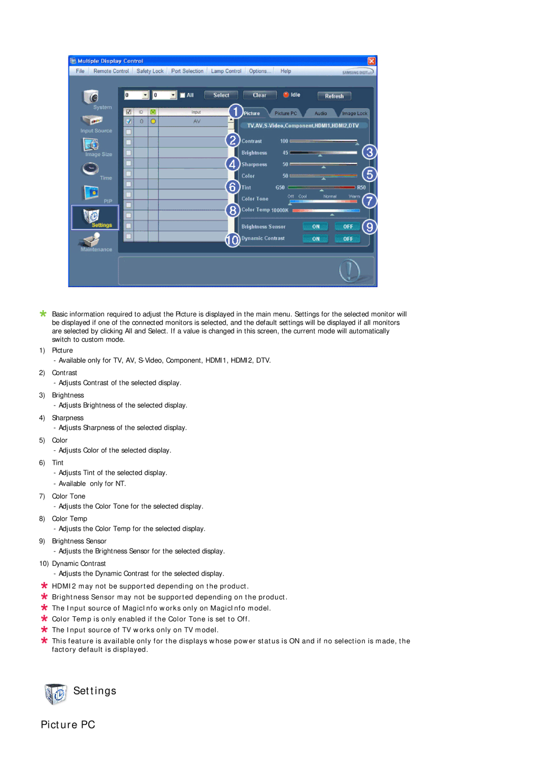 Samsung 320MX-3, 320MP-3, 320MXN-3, 320MPN-3 user manual Settings Picture PC 