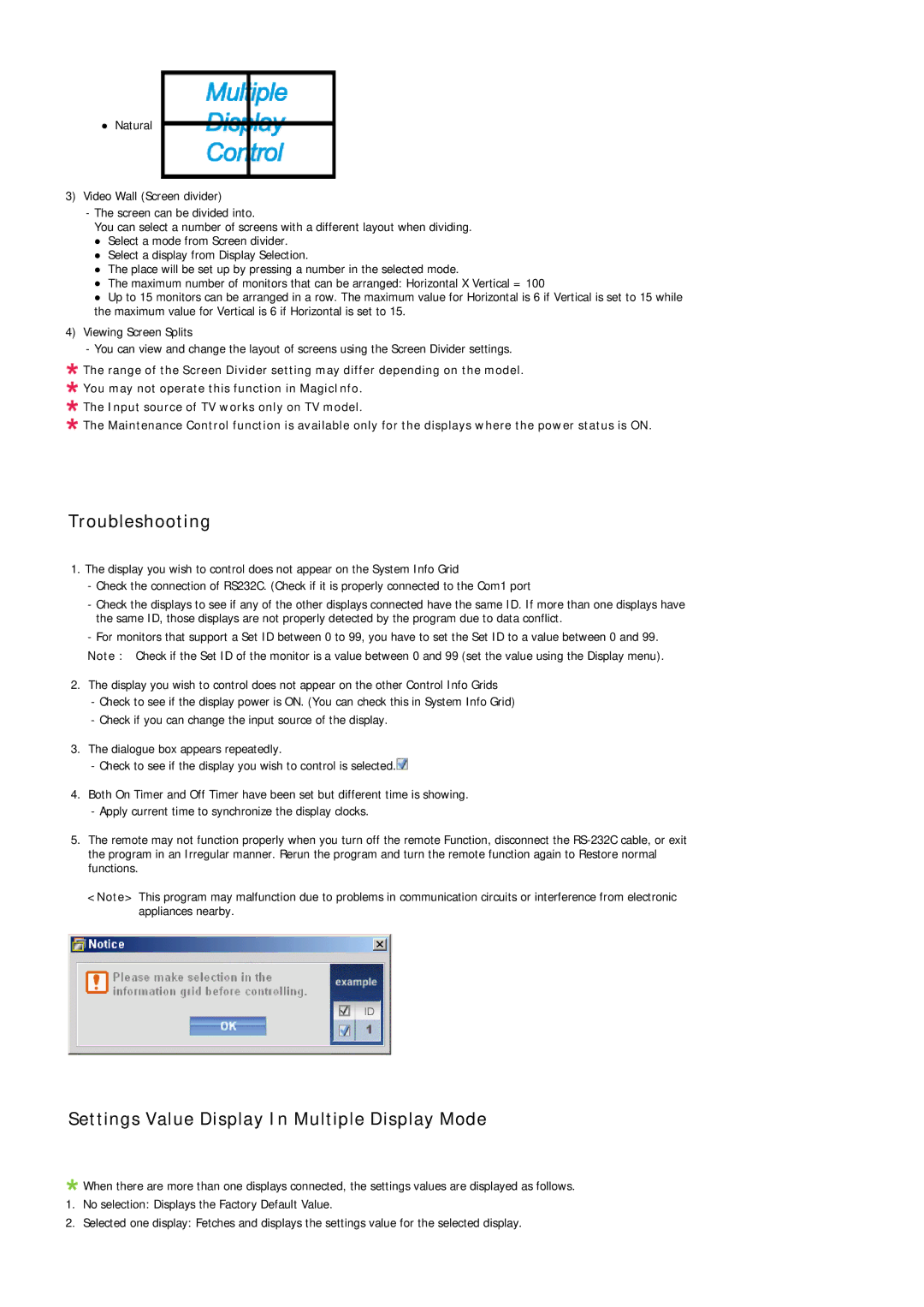 Samsung 320MPN-3, 320MP-3, 320MXN-3, 320MX-3 user manual Troubleshooting, Settings Value Display In Multiple Display Mode 