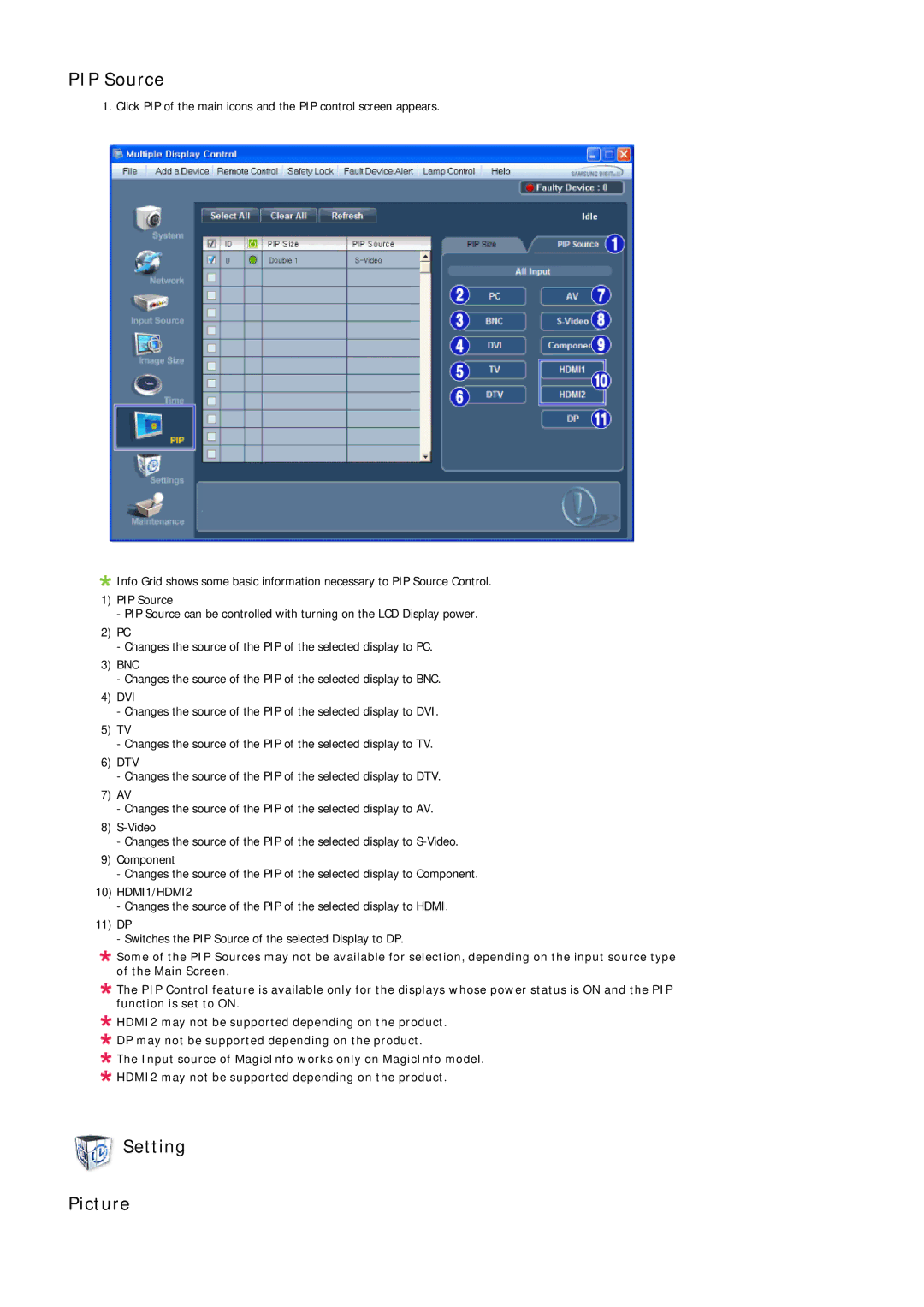 Samsung 320MX-3, 320MP-3, 320MXN-3, 320MPN-3 user manual PIP Source, Setting Picture 