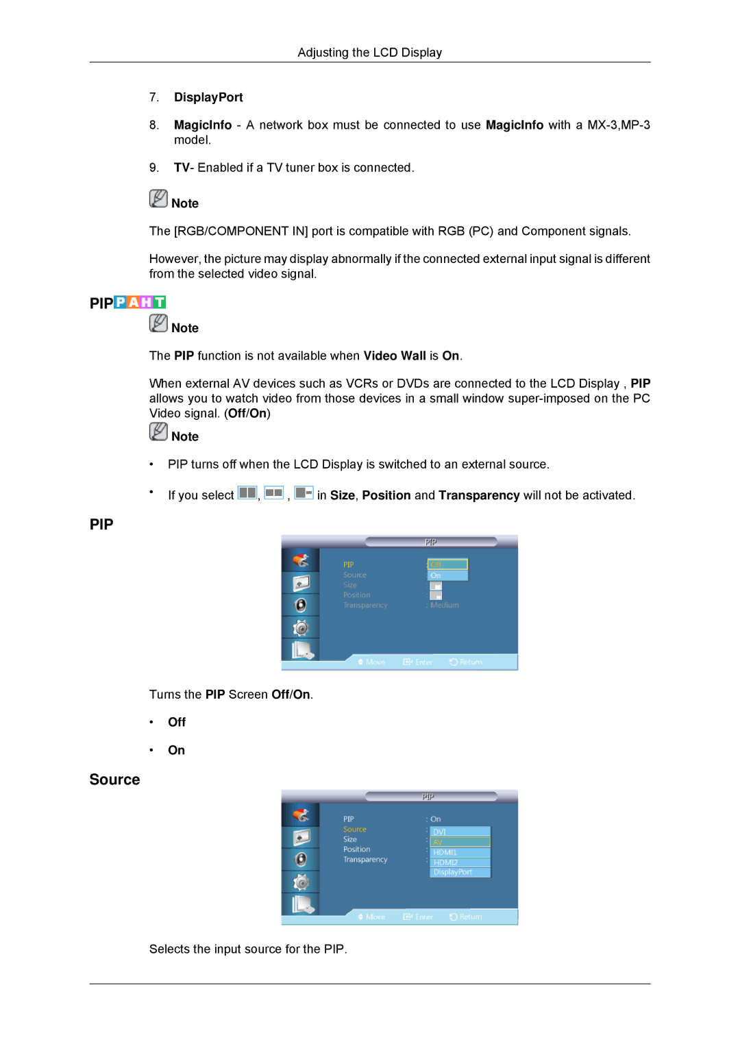 Samsung 320MPN-3, 320MP-3, 320MXN-3, 320MX-3 user manual Source, DisplayPort, Off 