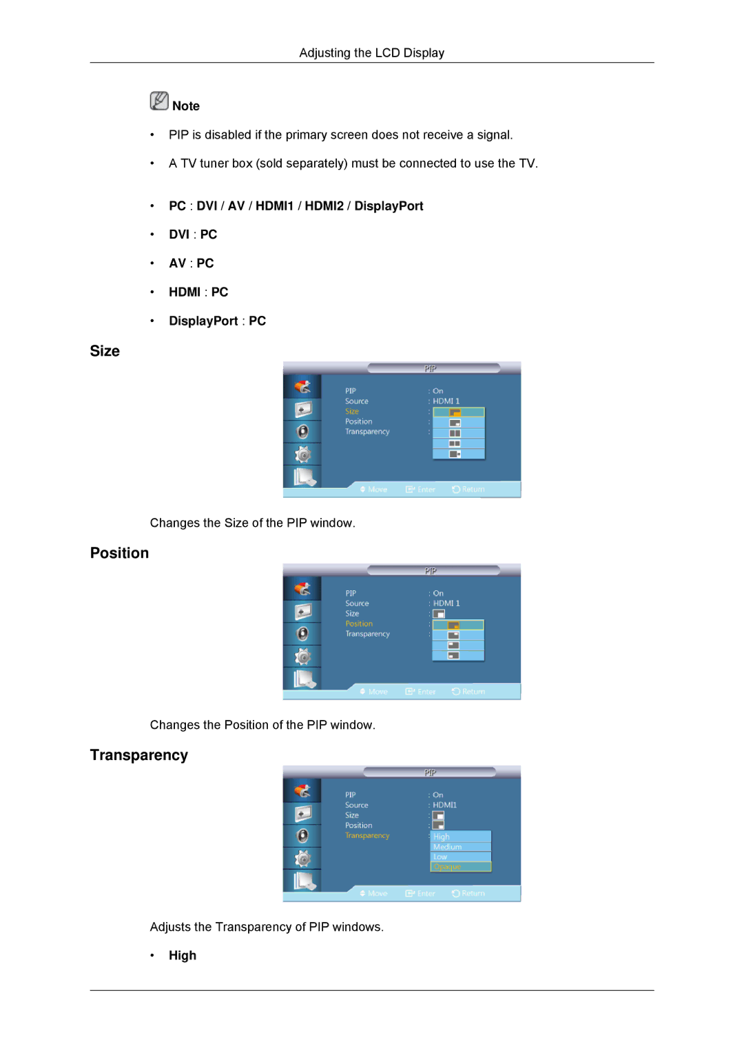 Samsung 320MX-3, 320MP-3, 320MXN-3, 320MPN-3 user manual Size, Position, Transparency 