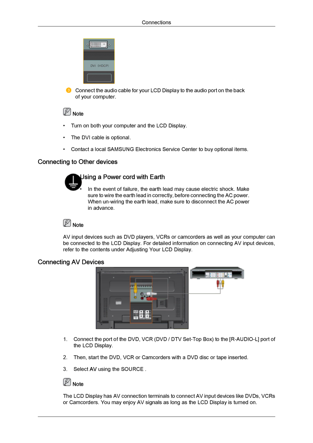 Samsung 320MXN-2, 320MX-2 quick start Connecting to Other devices Using a Power cord with Earth, Connecting AV Devices 