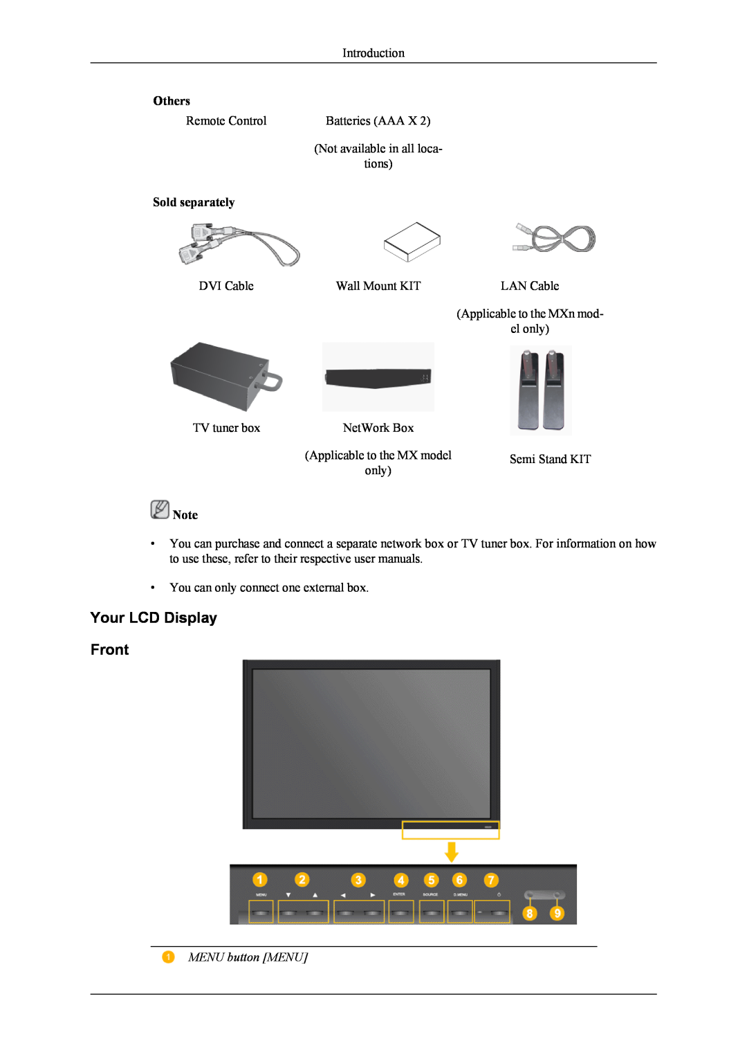 Samsung 320MXn quick start Your LCD Display Front, Sold separately, Others, MENU button MENU 