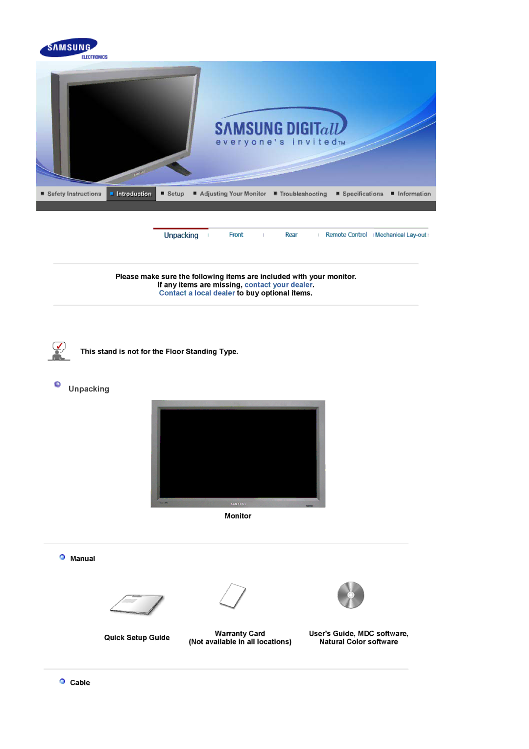 Samsung 320P manual Unpacking, This stand is not for the Floor Standing Type, Monitor Manual Quick Setup Guide, Cable 