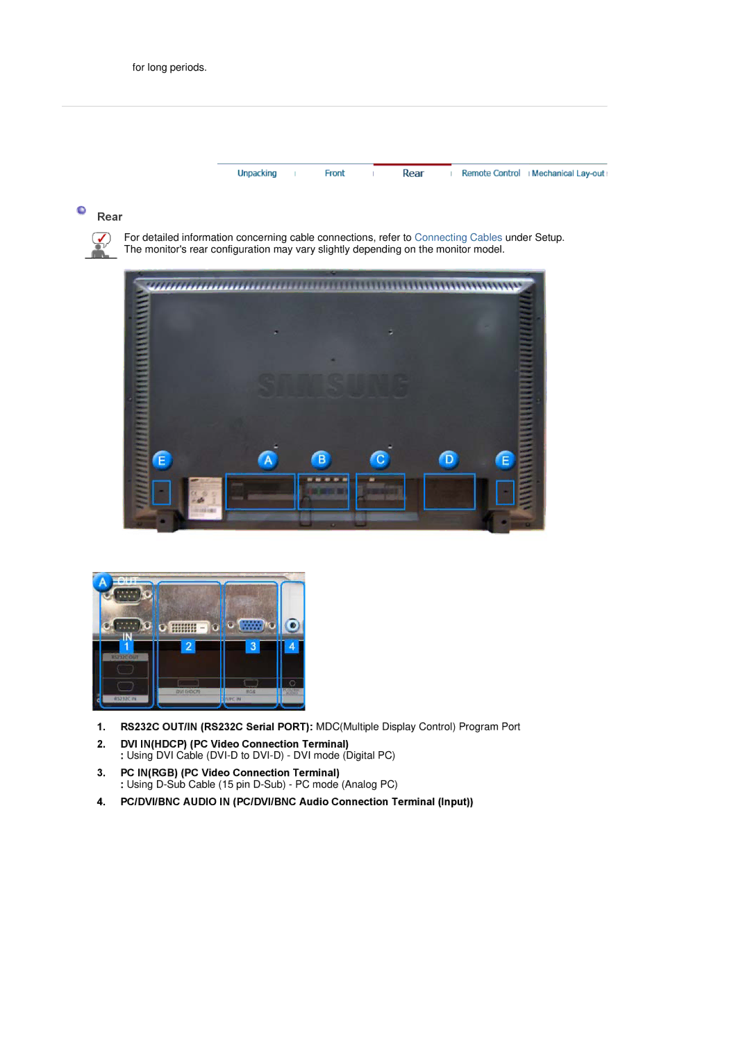 Samsung 320P manual Rear, DVI Inhdcp PC Video Connection Terminal, PC Inrgb PC Video Connection Terminal 