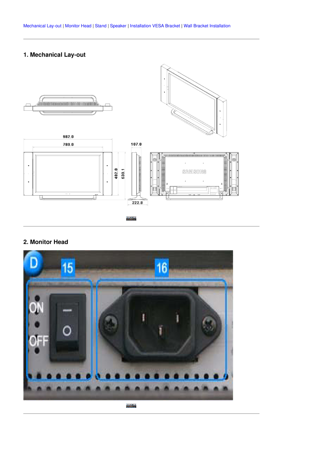 Samsung 320P manual Mechanical Lay-out Monitor Head 