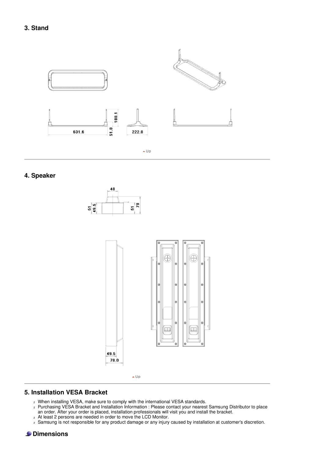 Samsung 320P manual Stand Speaker Installation Vesa Bracket 