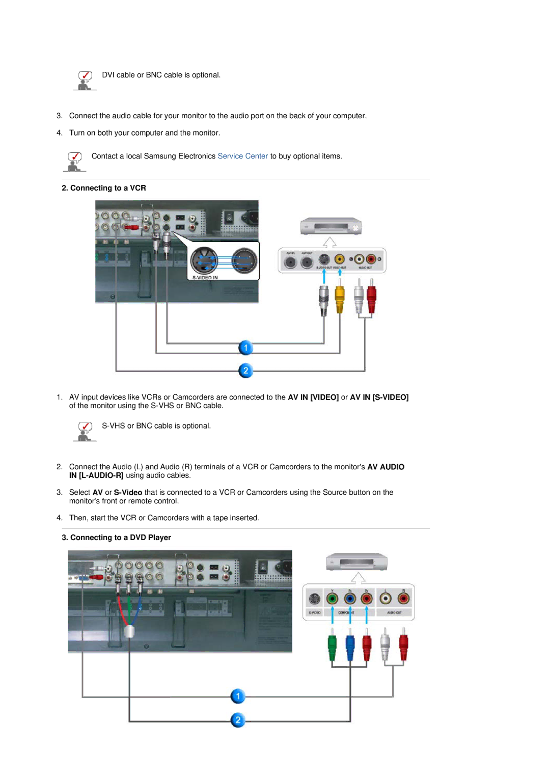 Samsung 320P manual Connecting to a VCR, Connecting to a DVD Player 