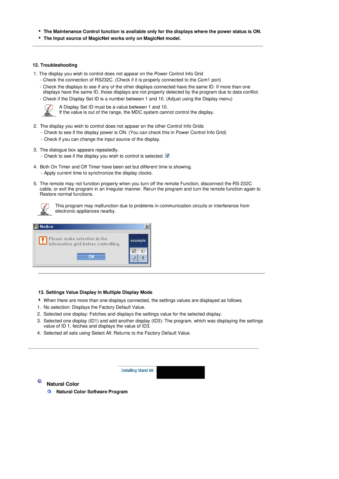 Samsung 320P manual Settings Value Display In Multiple Display Mode, Natural Color Software Program 