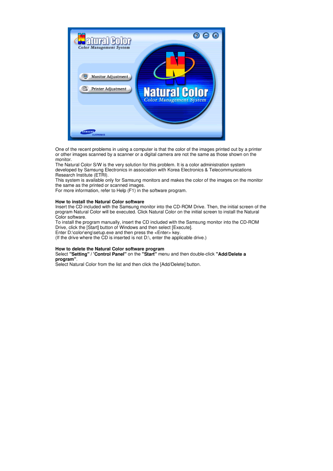 Samsung 320P manual How to install the Natural Color software 