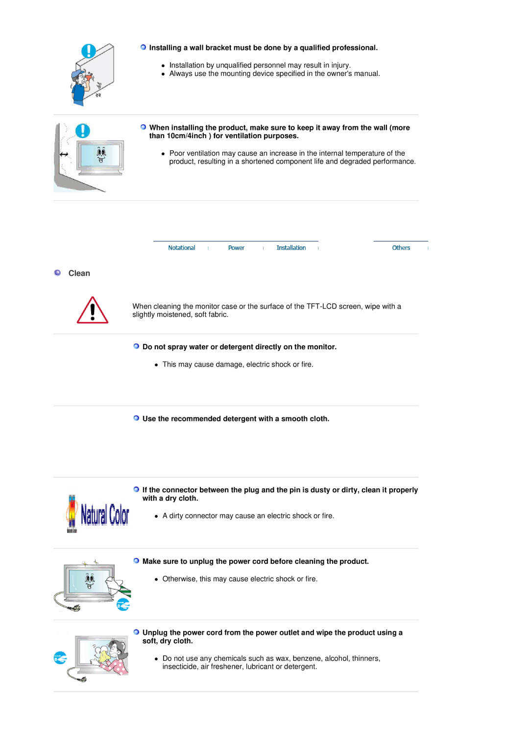 Samsung 320P manual Clean, Do not spray water or detergent directly on the monitor 