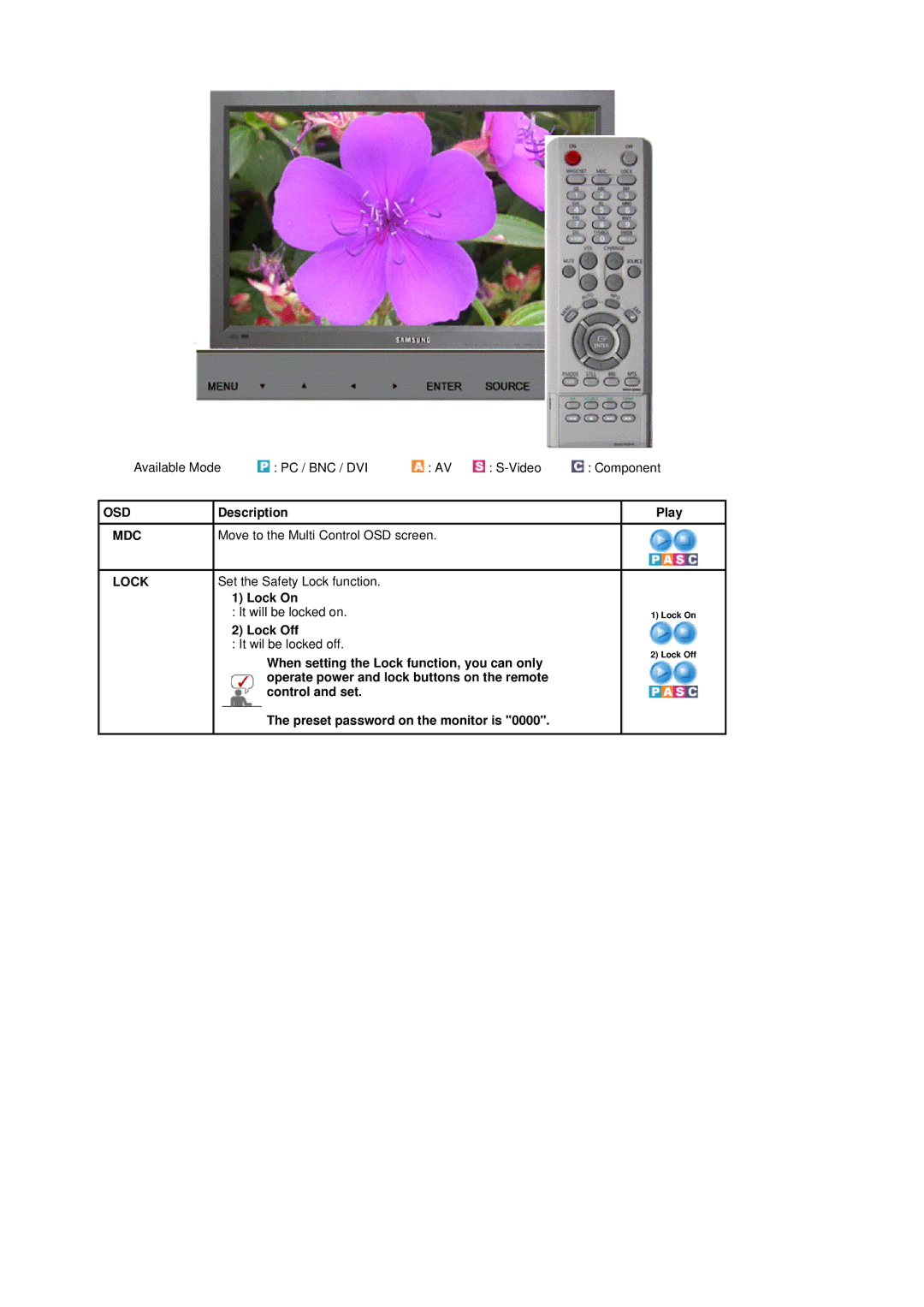 Samsung 320P manual Mdc, Move to the Multi Control OSD screen, Set the Safety Lock function, Lock On, Lock Off 