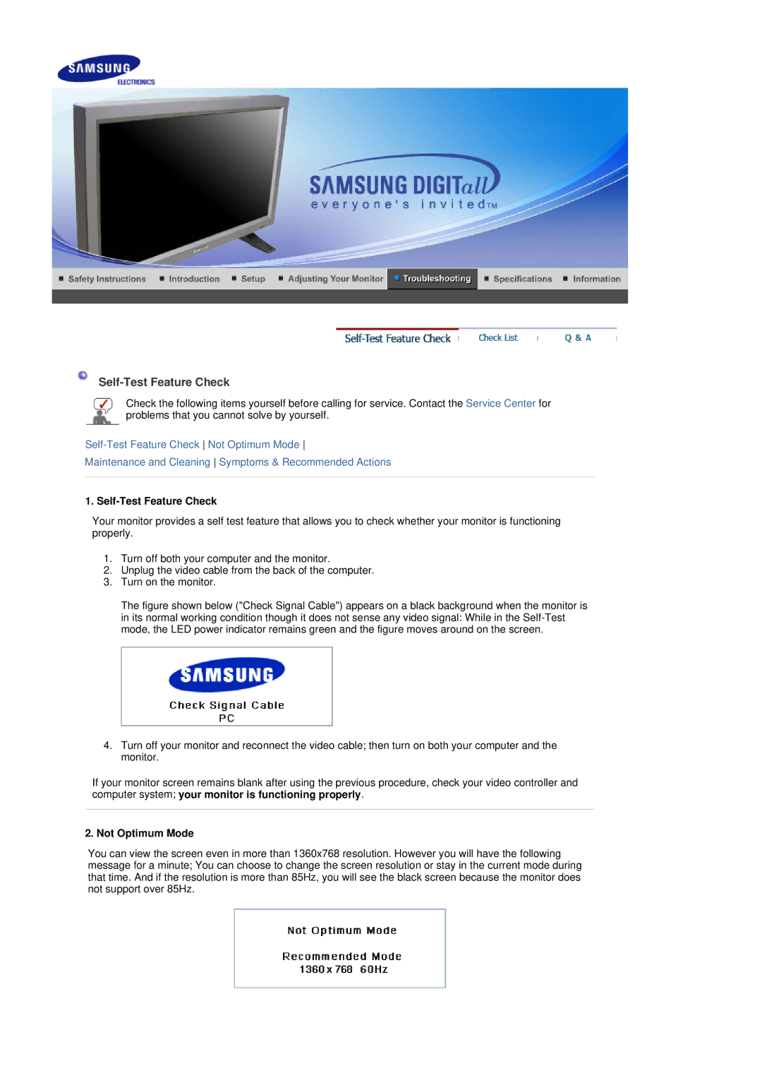 Samsung 320P manual Self-Test Feature Check, Not Optimum Mode 