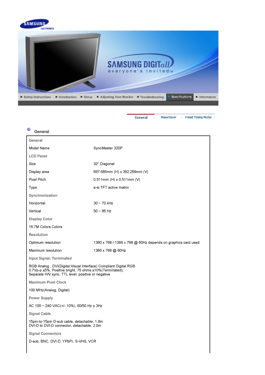 Samsung 320P manual General, LCD Panel 