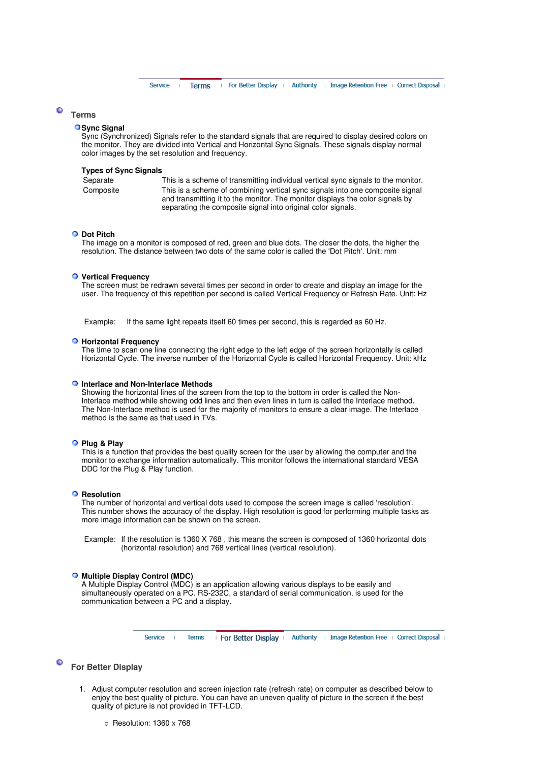 Samsung 320P manual Terms, For Better Display 