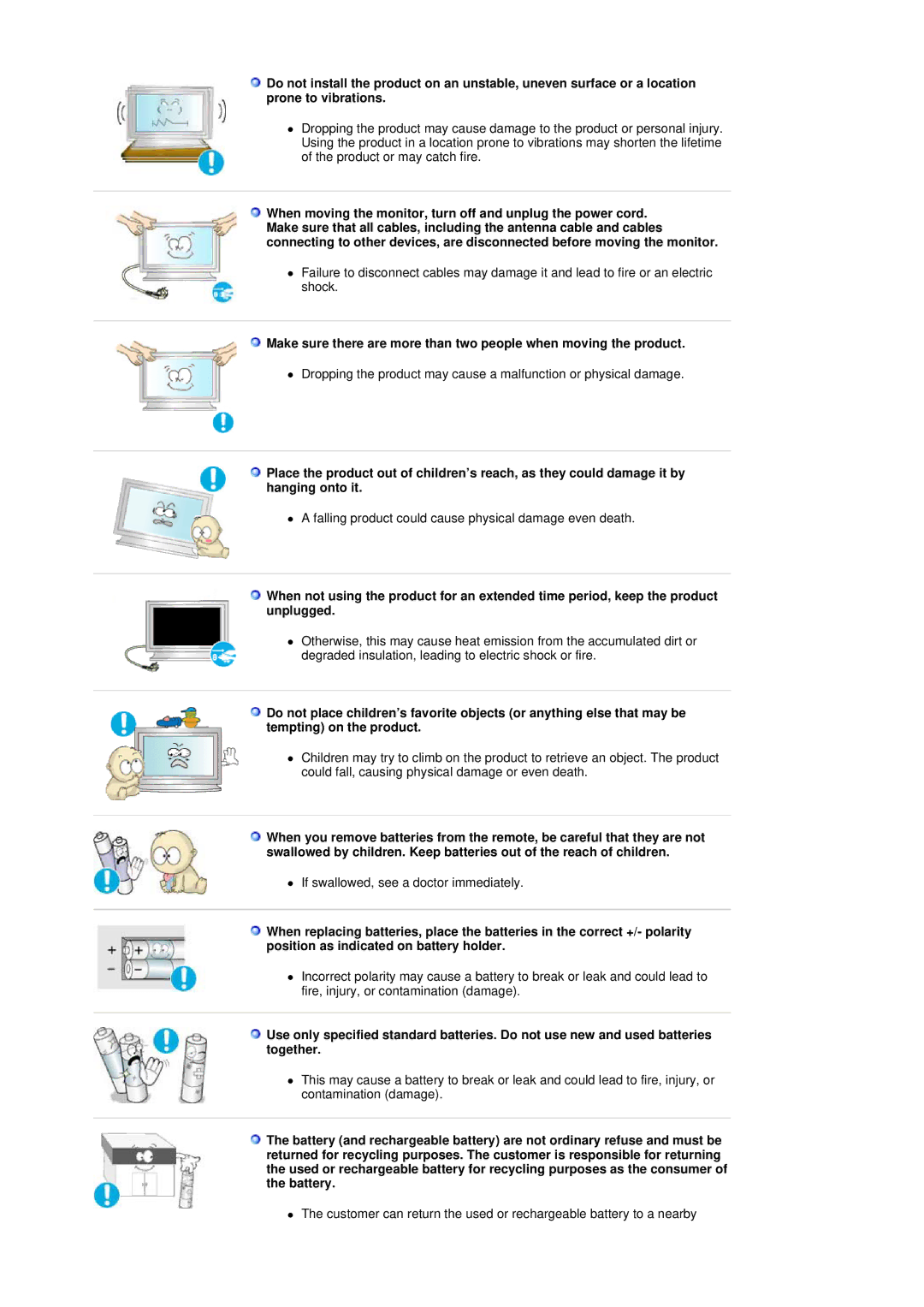 Samsung 320P manual Falling product could cause physical damage even death 