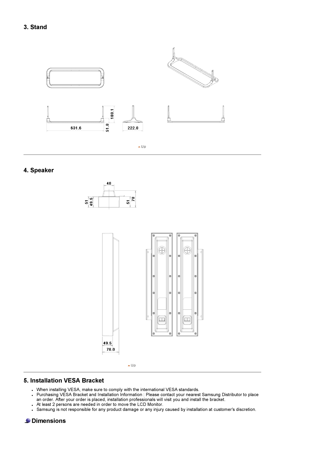 Samsung 320P manual Stand 4. Speaker 5. Installation VESA Bracket, Dimensions 