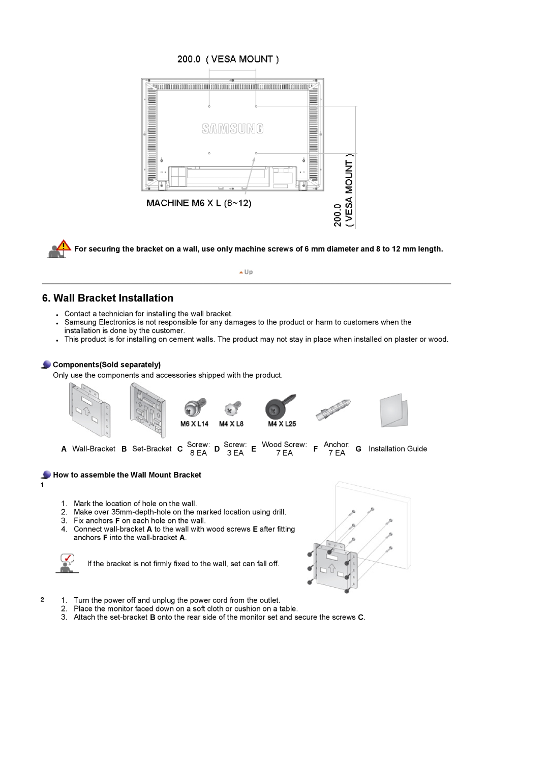 Samsung 320P manual Wall Bracket Installation, ComponentsSold separately, How to assemble the Wall Mount Bracket 