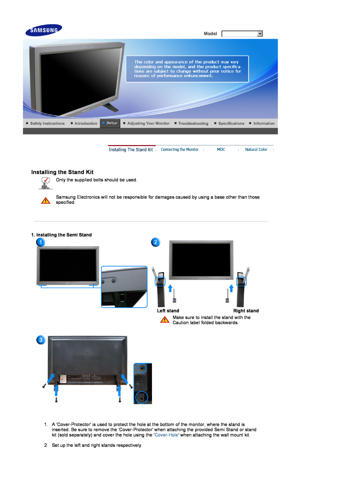 Samsung 320P manual Installing the Stand Kit, Model, Installing the Semi Stand, Left stand 