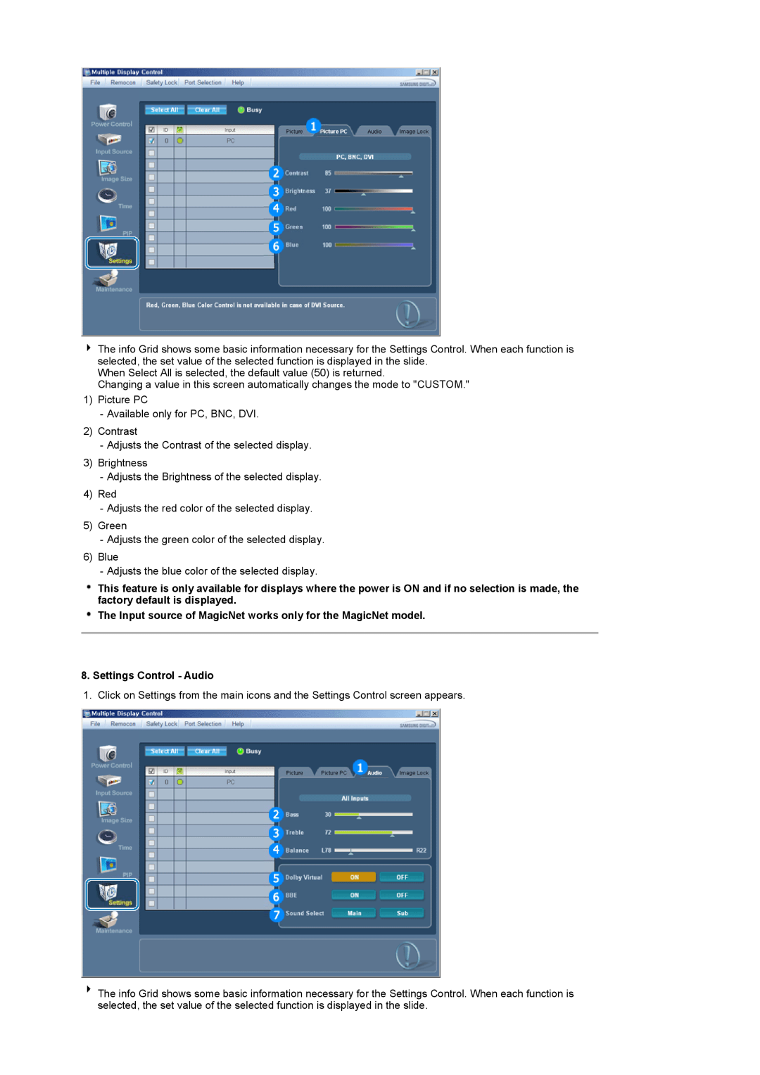 Samsung 320P manual The Input source of MagicNet works only for the MagicNet model, Settings Control - Audio 