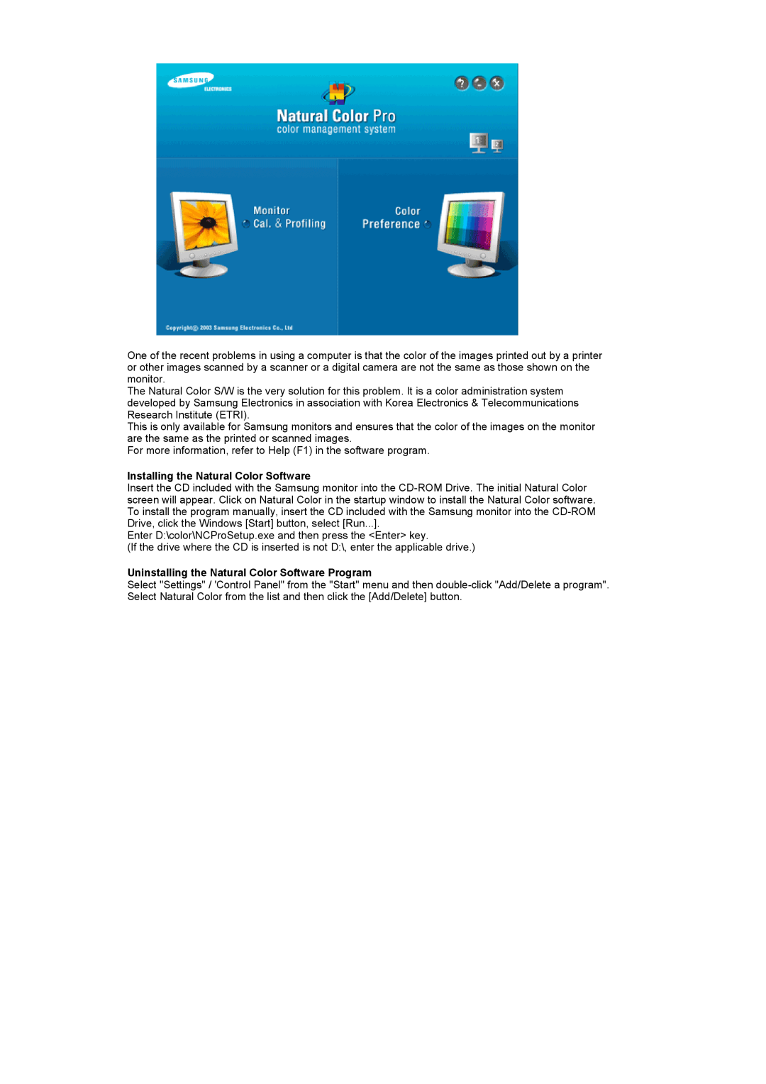 Samsung 320P manual Installing the Natural Color Software, Uninstalling the Natural Color Software Program 