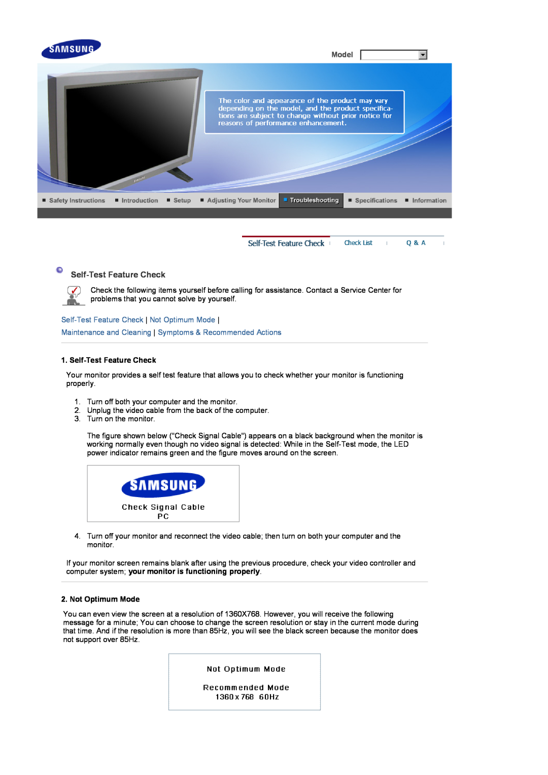 Samsung 320P Self-Test Feature Check Not Optimum Mode, Maintenance and Cleaning Symptoms & Recommended Actions, Model 