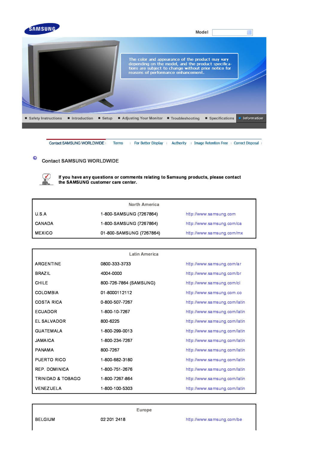 Samsung 320P manual Contact SAMSUNG WORLDWIDE, Model, North America, Latin America, Europe 
