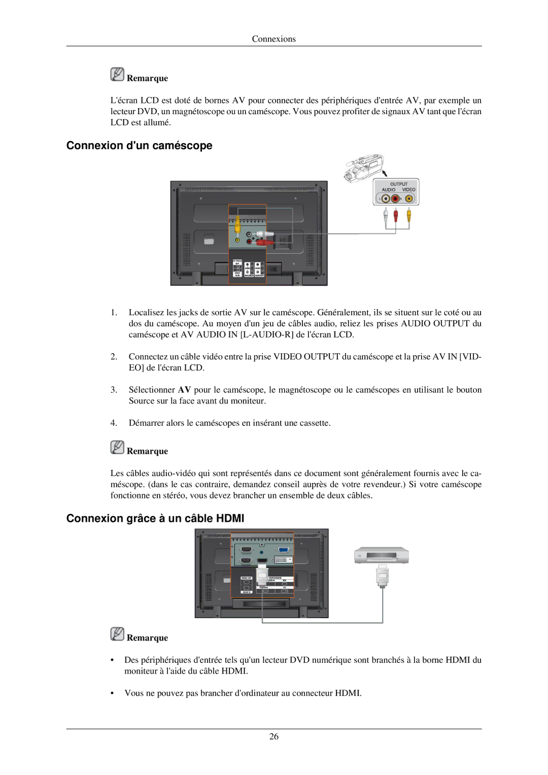 Samsung 320TSN-2 quick start Connexion dun caméscope, Connexion grâce à un câble Hdmi 