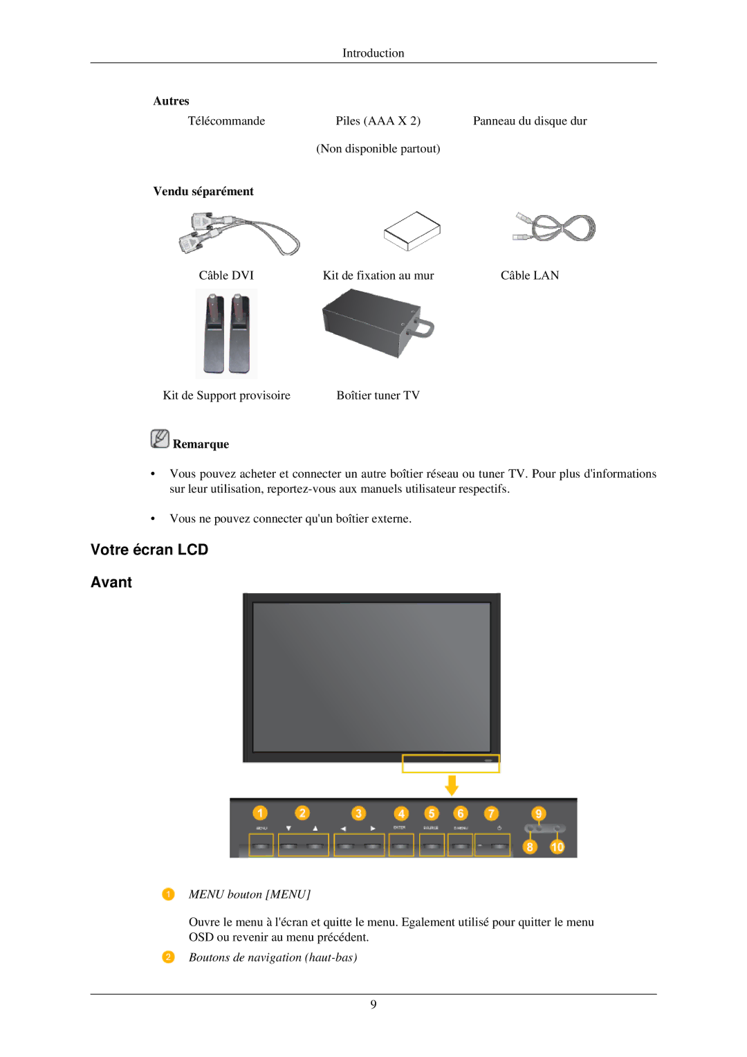 Samsung 320TSN-2 quick start Votre écran LCD Avant, Vendu séparément, Menu bouton Menu, Boutons de navigation haut-bas 