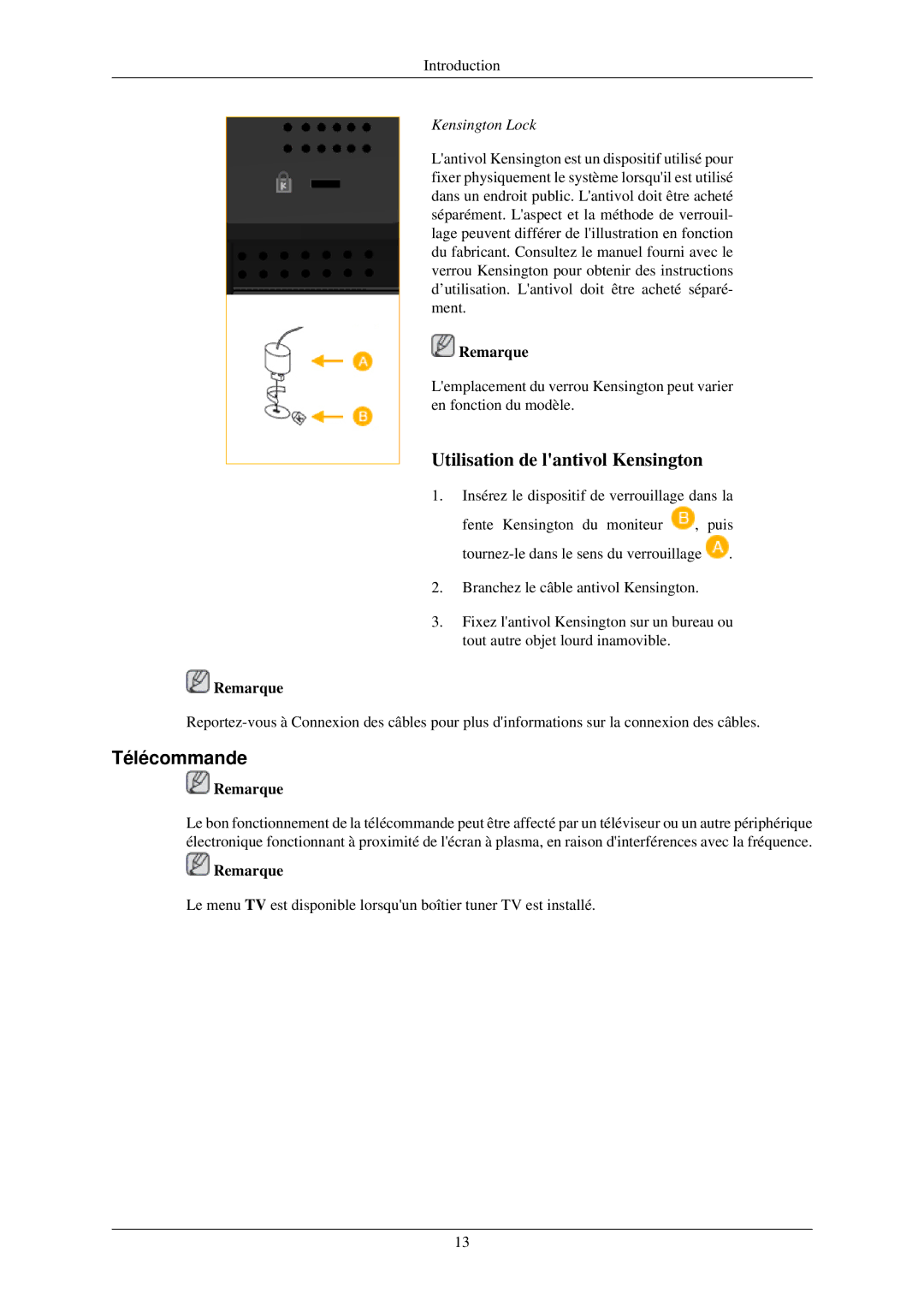 Samsung 320TSN-2 quick start Télécommande, Kensington Lock 