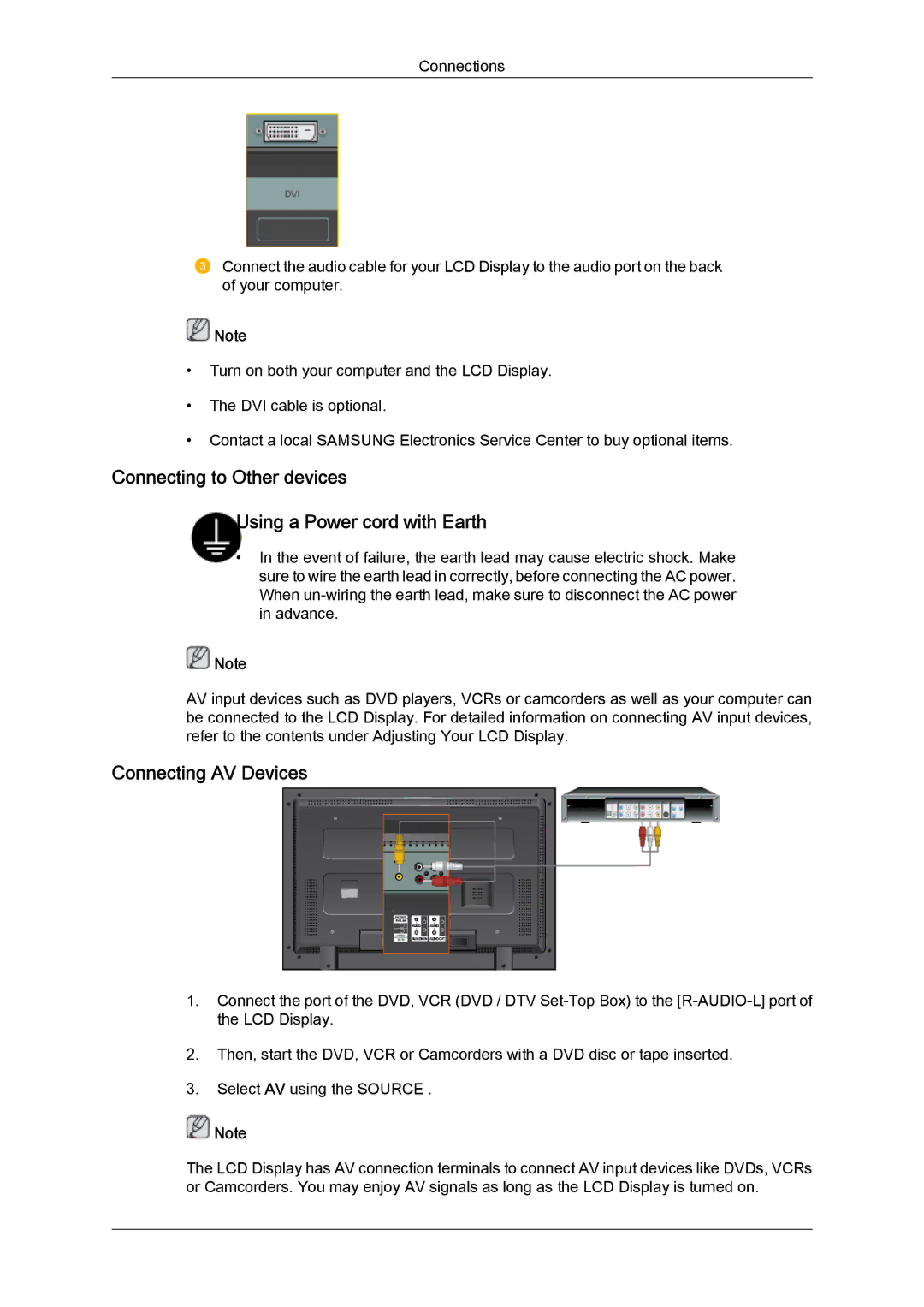 Samsung 320TSN-NB, LH32TCTMBC/EN manual Connecting to Other devices Using a Power cord with Earth, Connecting AV Devices 