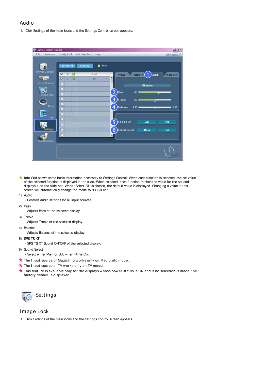 Samsung 320TSN-NB, LH32TCTMBC/EN manual Audio, Settings Image Lock 