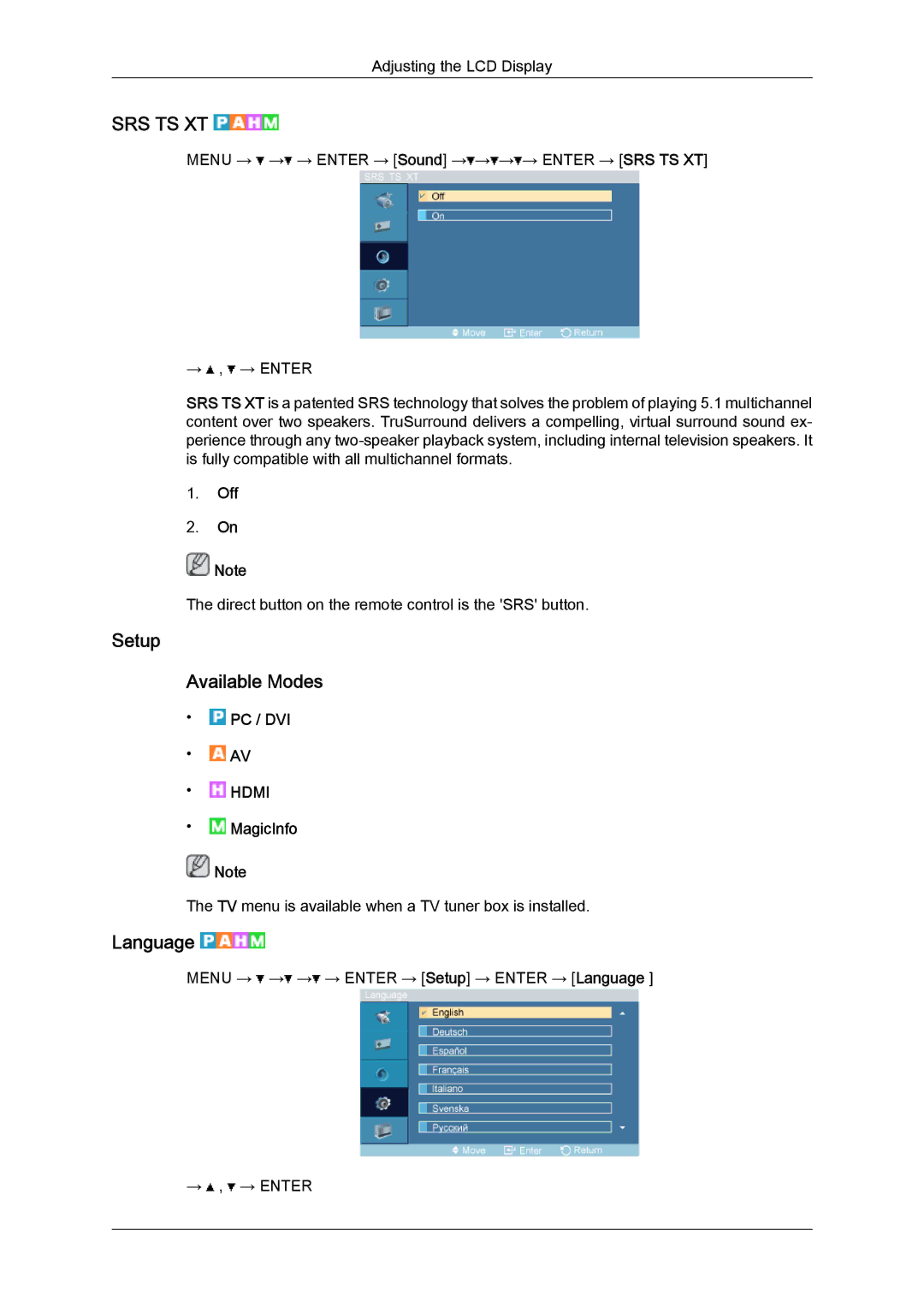 Samsung LH32TCTMBC/EN, 320TSN-NB manual Setup Available Modes, Language 