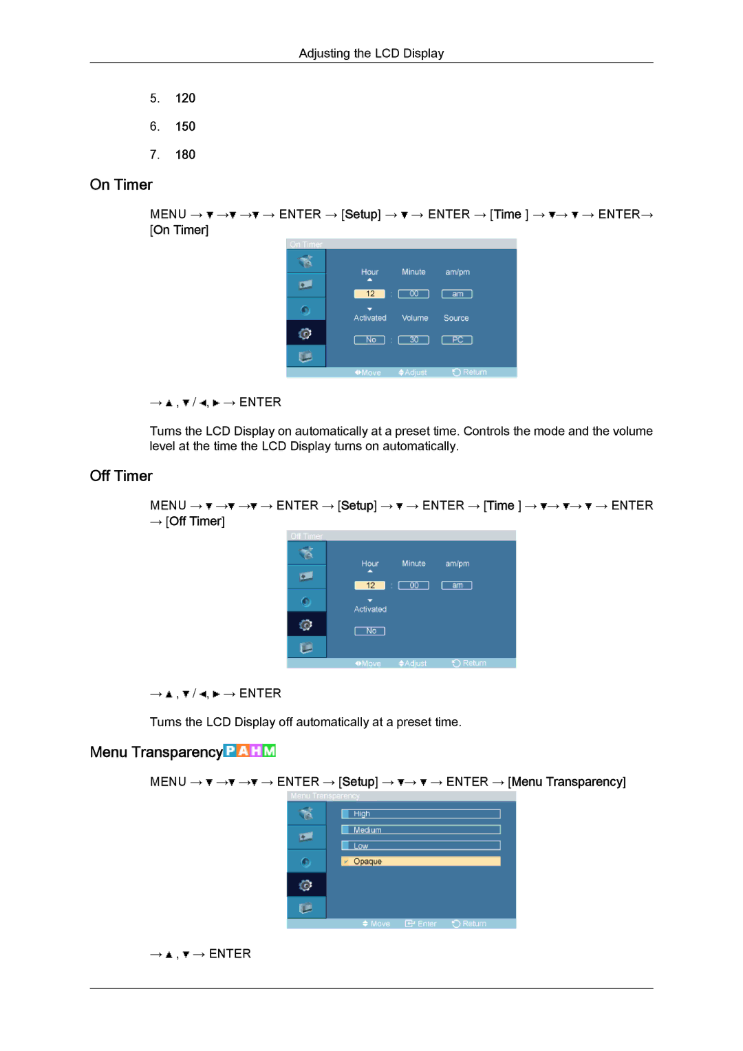 Samsung LH32TCTMBC/EN, 320TSN-NB manual On Timer, Menu Transparency, → Off Timer 