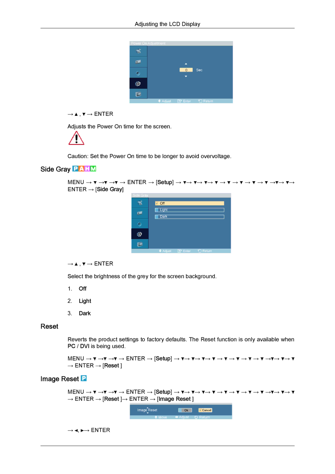 Samsung 320TSN-NB, LH32TCTMBC/EN manual Side Gray, Off Light Dark, → Enter → Reset → Enter → Image Reset 