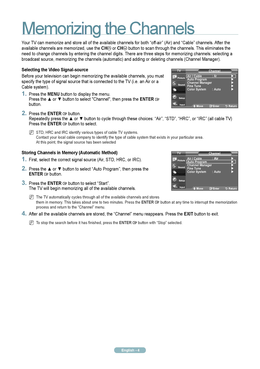 Samsung 330 quick start Memorizing the Channels, Storing Channels in Memory Automatic Method 