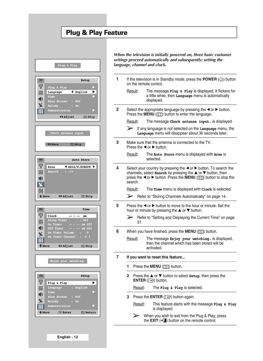 Samsung CS34A10, 34A20, 34A11, CS29A10, WS32A10, 32A11, 32A20, 29A20 manual Plug & Play Feature, If you want to reset this feature 