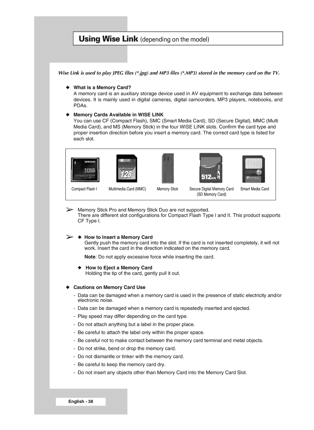 Samsung CS29A10, 34A20 Using Wise Link depending on the model, What is a Memory Card?, Memory Cards Available in Wise Link 