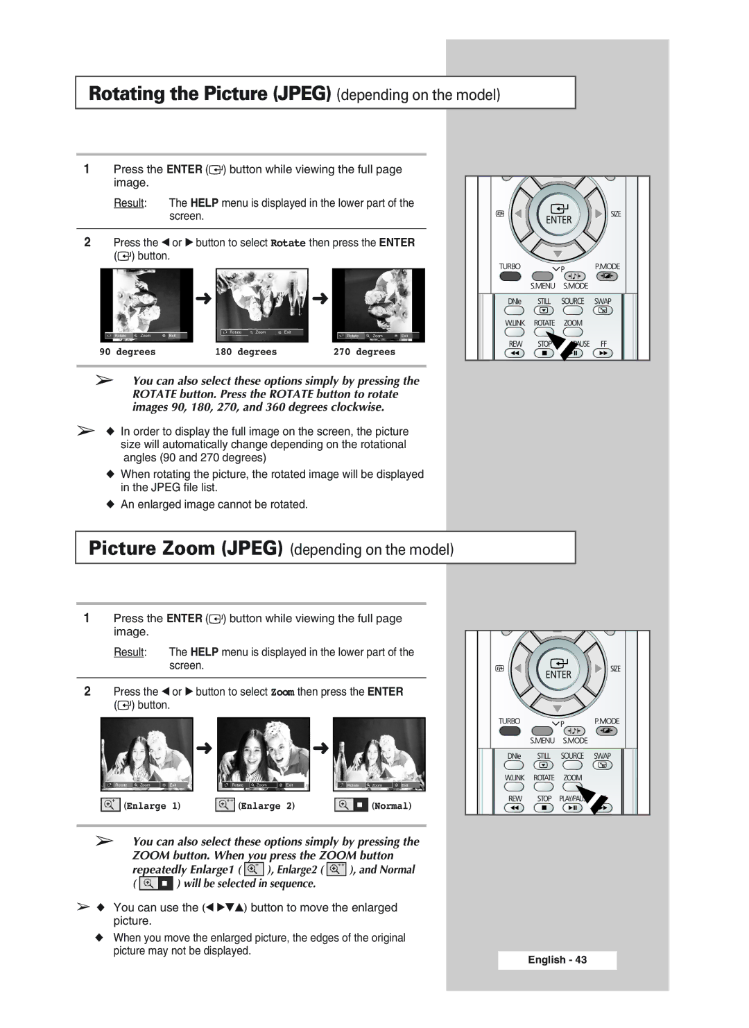 Samsung 29A20, 34A20, 34A11 manual Rotating the Picture Jpeg depending on the model, Picture Zoom Jpeg depending on the model 