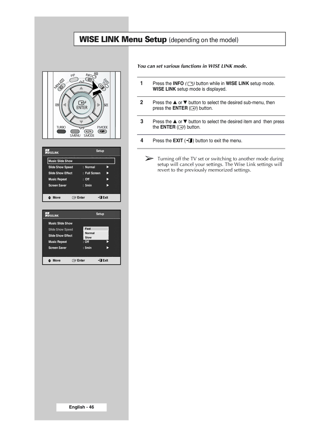 Samsung 34A11, 34A20, CS29A10 Wise Link Menu Setup depending on the model, You can set various functions in Wise Link mode 