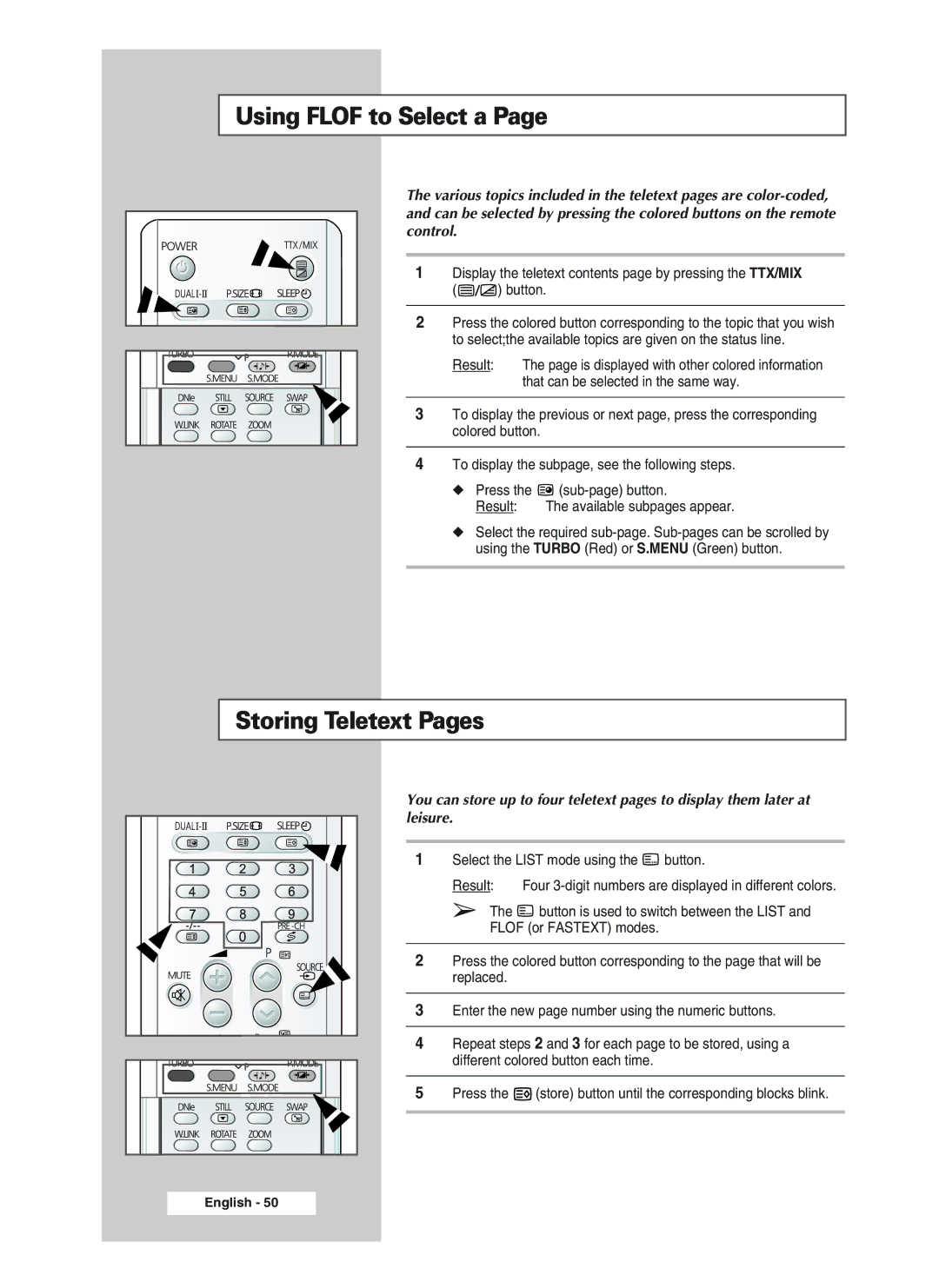 Samsung 32A11, 34A20, 34A11, CS29A10, CS34A10, WS32A10, 32A20, 29A20 Using Flof to Select a, Storing Teletext Pages, Leisure 