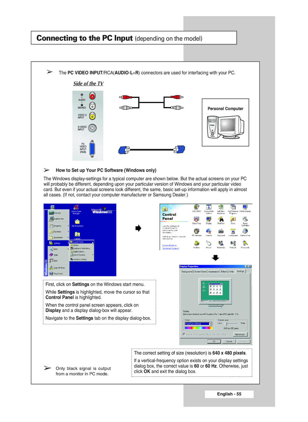 Samsung 34A11, 34A20, 32A11 Connecting to the PC Input depending on the model, How to Set up Your PC Software Windows only 