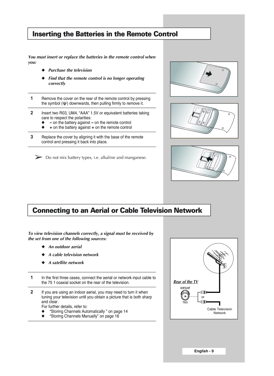 Samsung 34A20, 34A11 Inserting the Batteries in the Remote Control, Connecting to an Aerial or Cable Television Network 