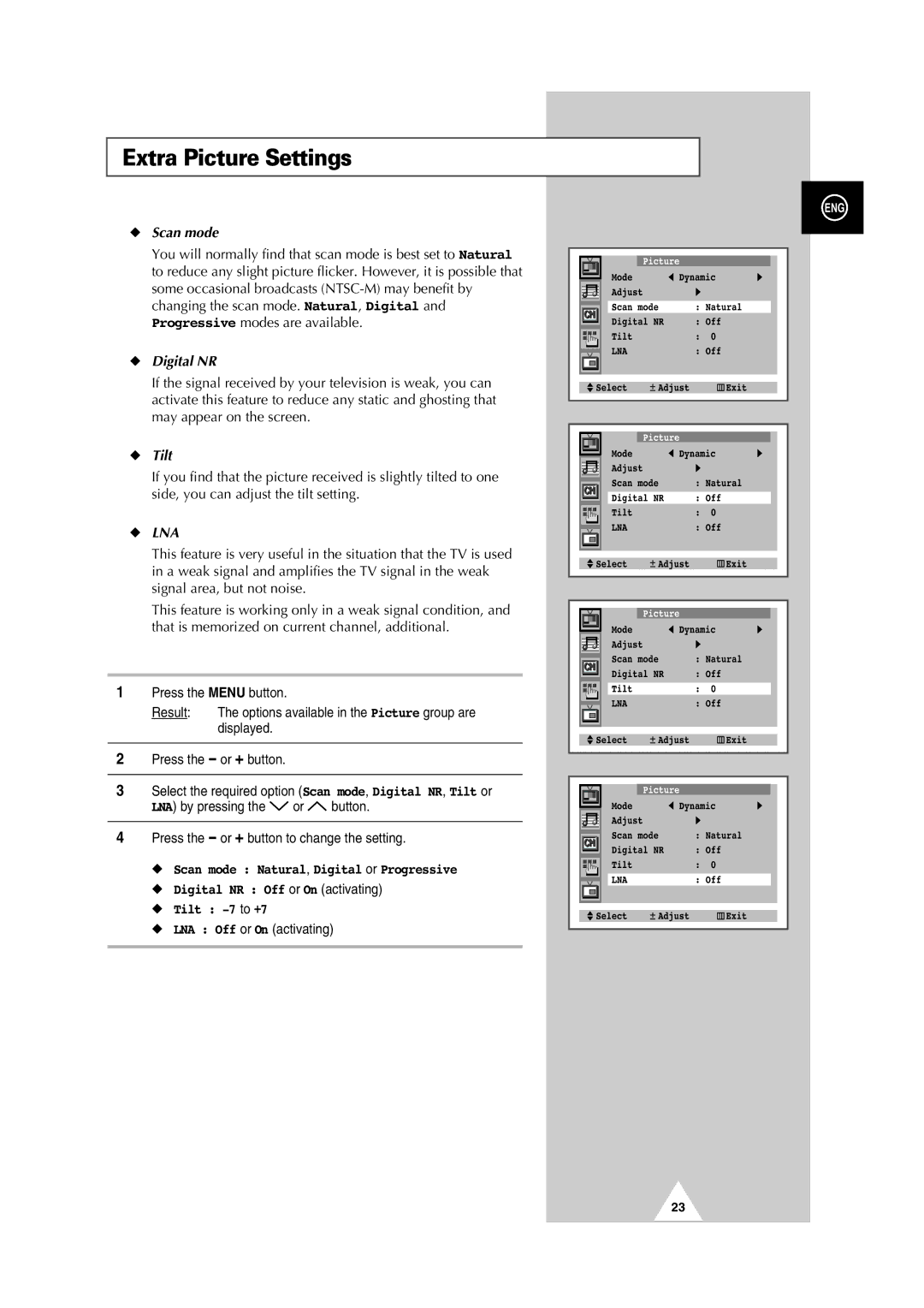 Samsung 29Z6, 34Z6, 34Z7, 32Z6, 32Z7, 29Z7 manual Extra Picture Settings, Scan mode, Digital NR, Tilt 