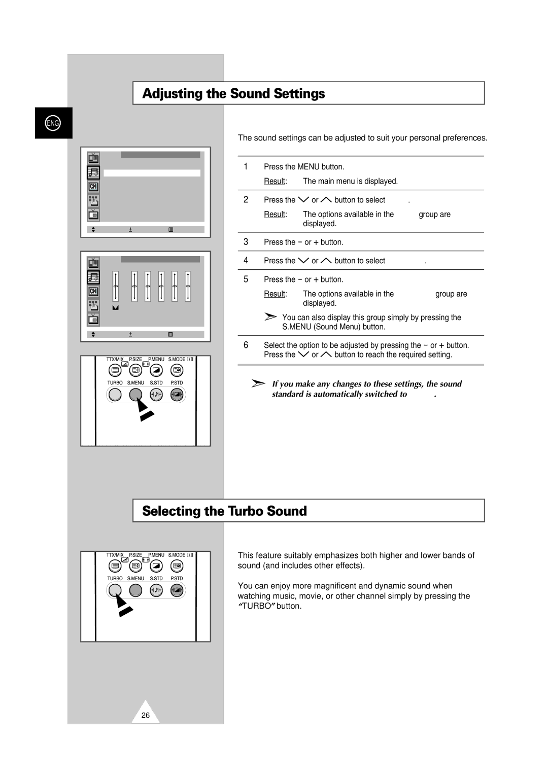 Samsung 32Z6, 34Z6, 34Z7, 32Z7, 29Z7, 29Z6 manual Adjusting the Sound Settings, Selecting the Turbo Sound 