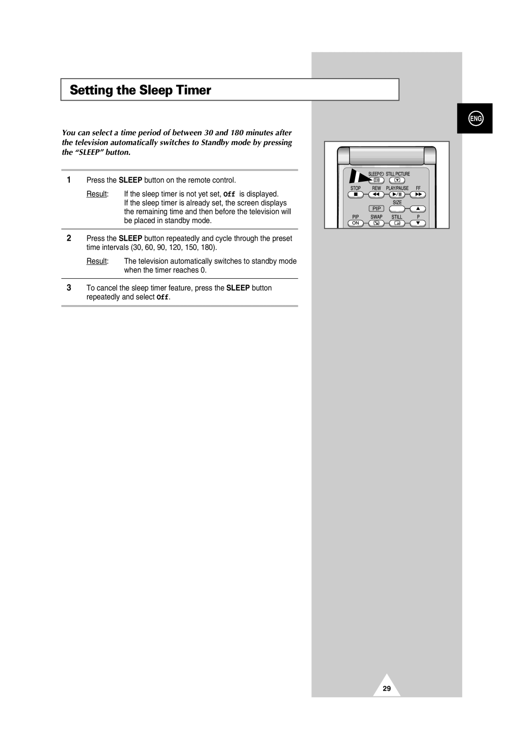 Samsung 29Z6, 34Z6, 34Z7, 32Z6, 32Z7, 29Z7 manual Setting the Sleep Timer 